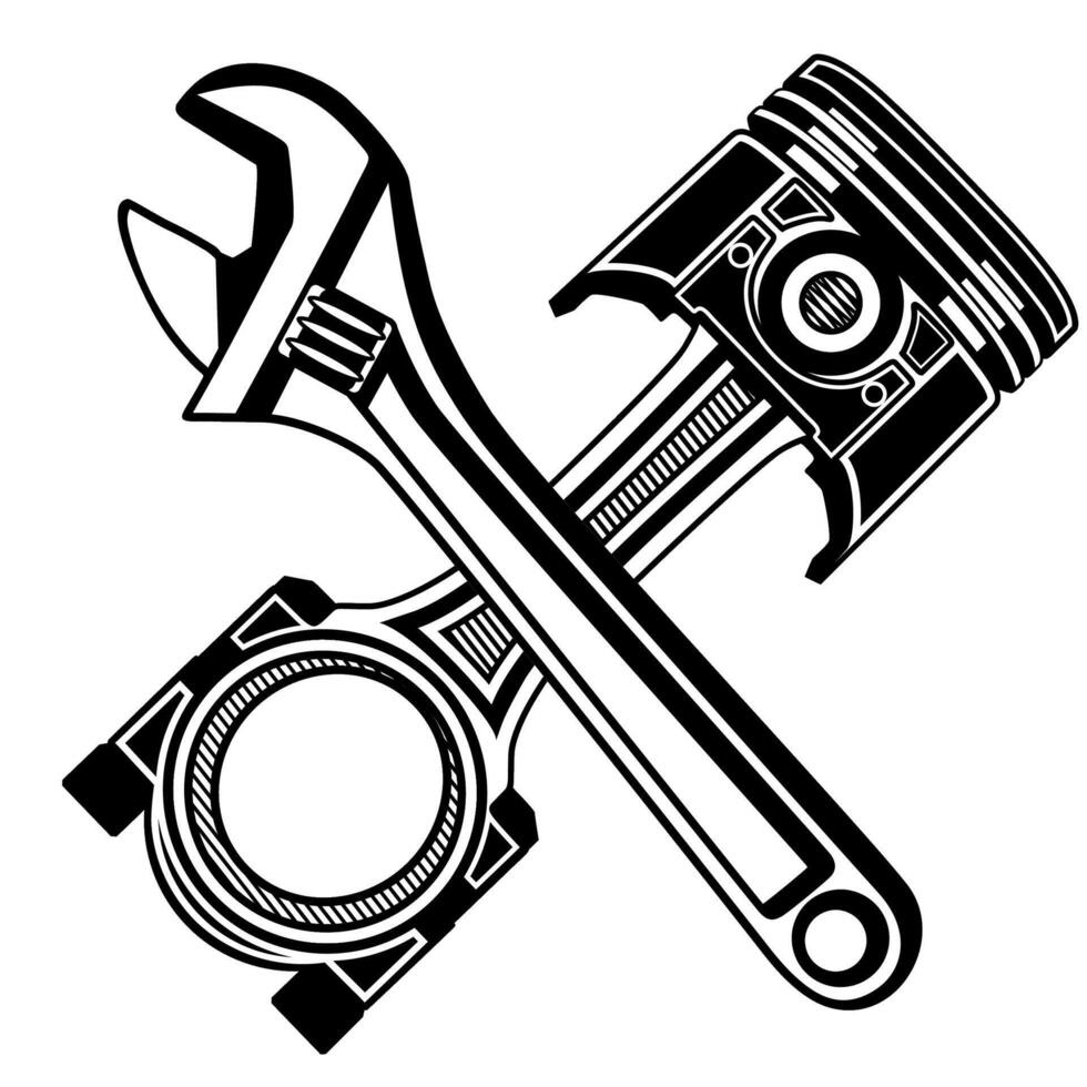 crossed wrench and piston engine icon. repair service logo design illlustration vector