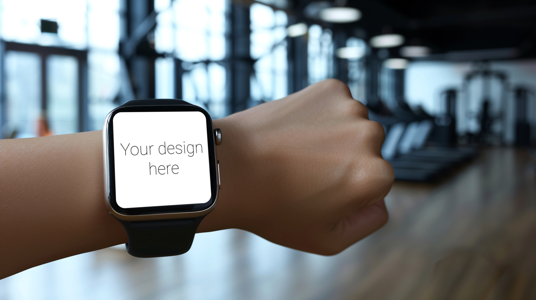 Mockup of smartwatch with white strap on person's hand. Sports equipment on background psd