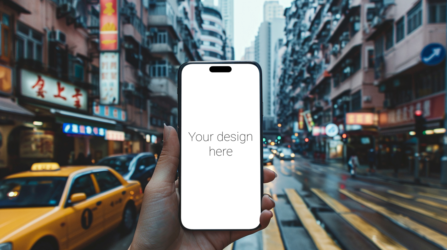 Mockup of black smartphone similar to iphone 15 in person's hand. Big city is on background psd