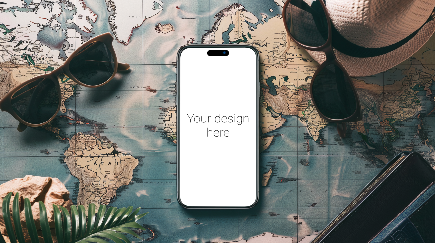 Mockup of black smartphone lying on world map. Glasses and wallet next to it psd