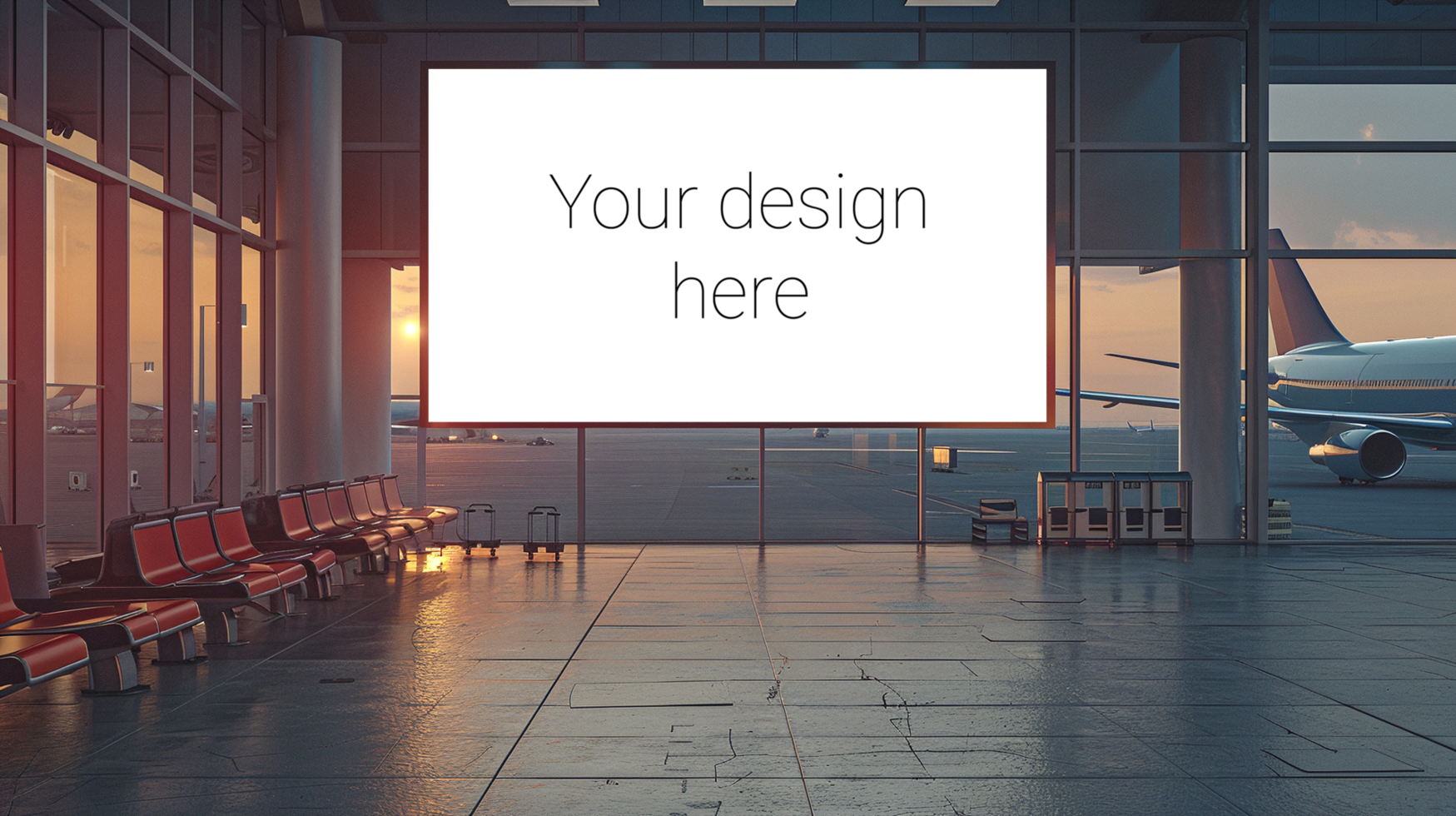 Advertising banner or billboard mockup inside airport lounge. Big windows and planes psd