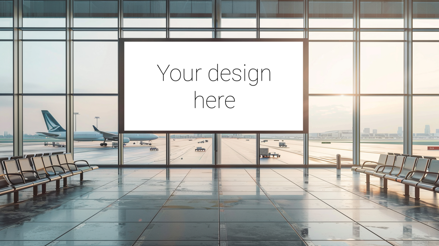 Advertising banner or billboard mockup inside airport lounge. Big windows and planes psd
