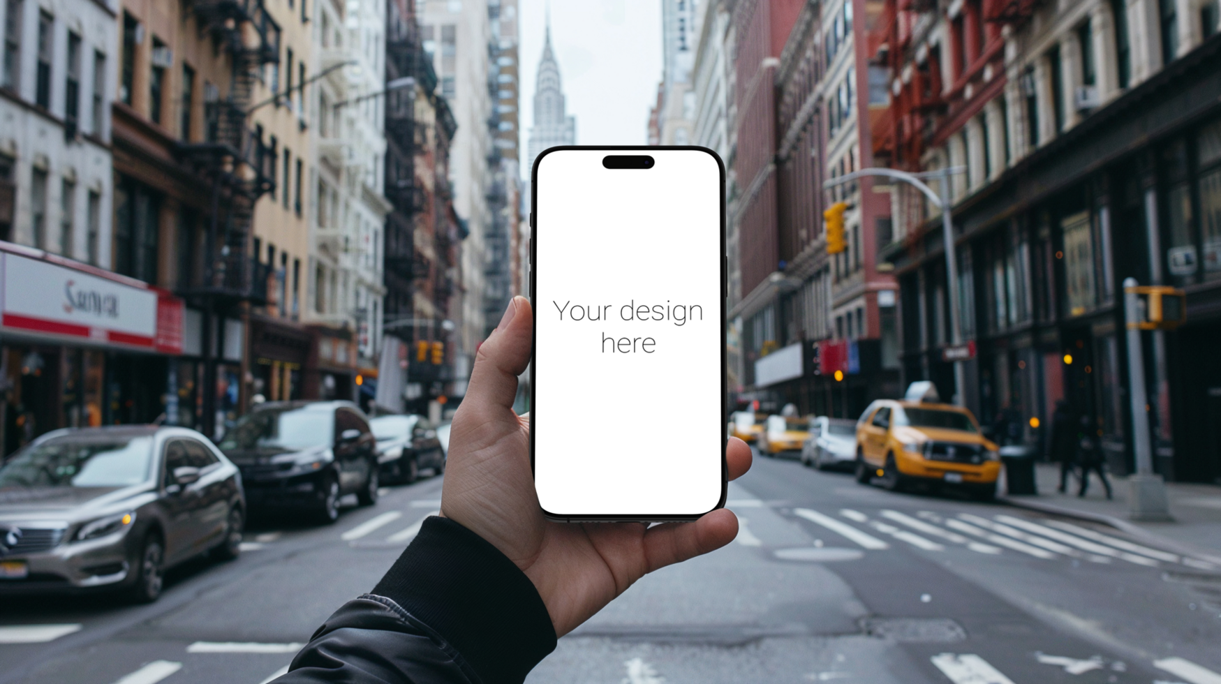 Mockup of black smartphone similar to iphone 15 in person's hand. Big city is on background psd