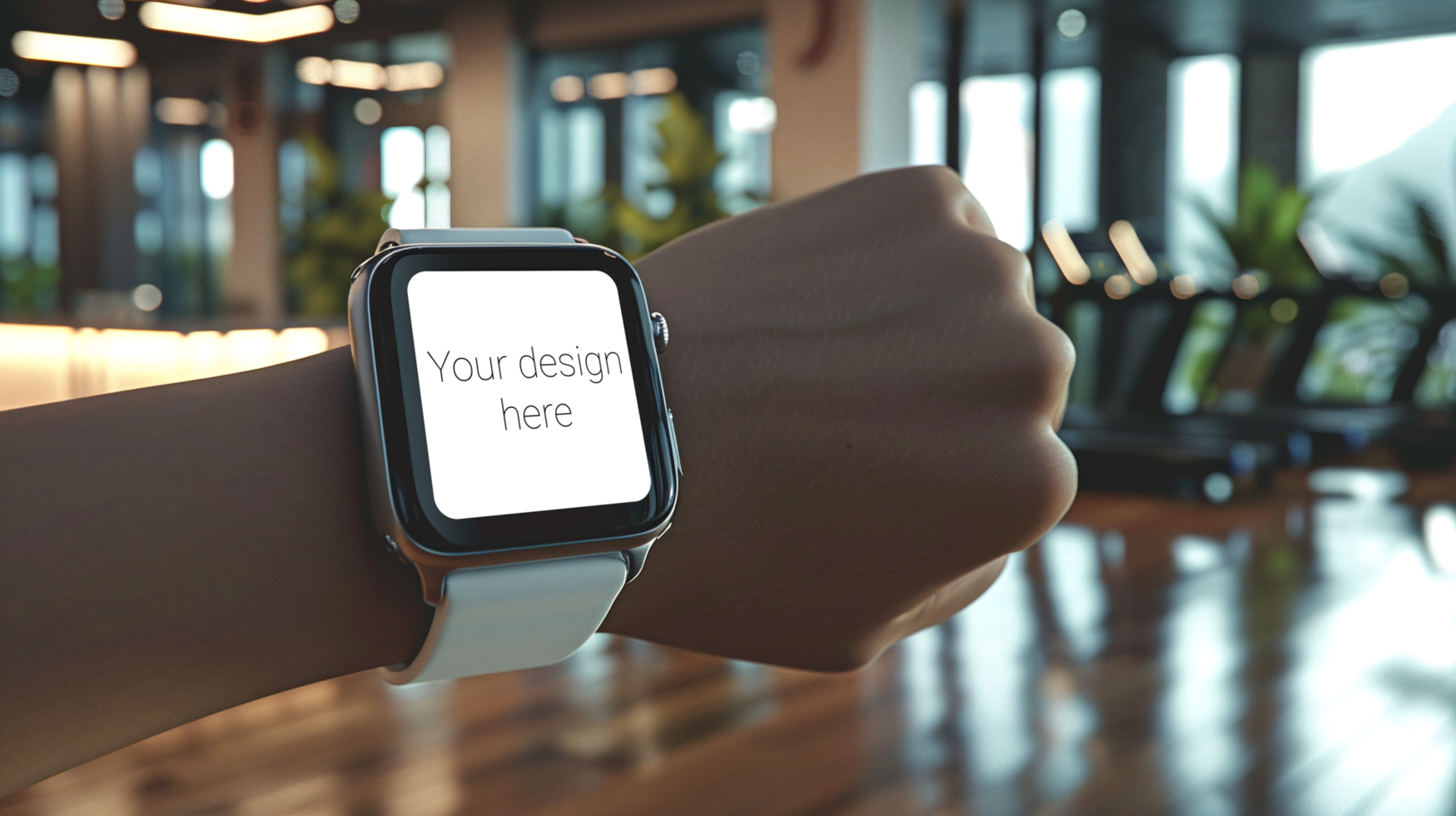Mockup of smartwatch with white strap on person's hand. Sports equipment on background psd