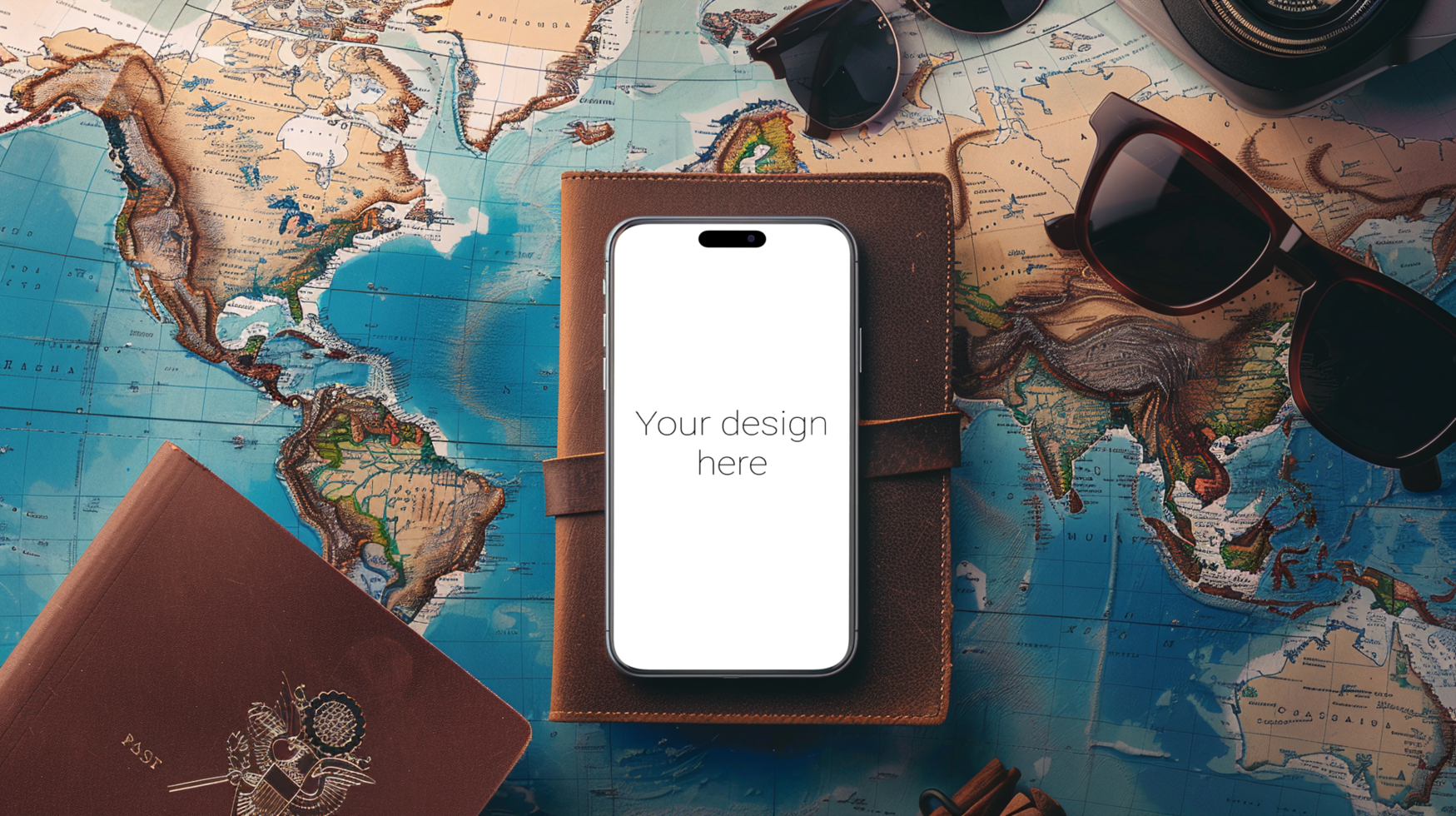 Mockup of black smartphone lying on world map. Glasses and wallet next to it psd