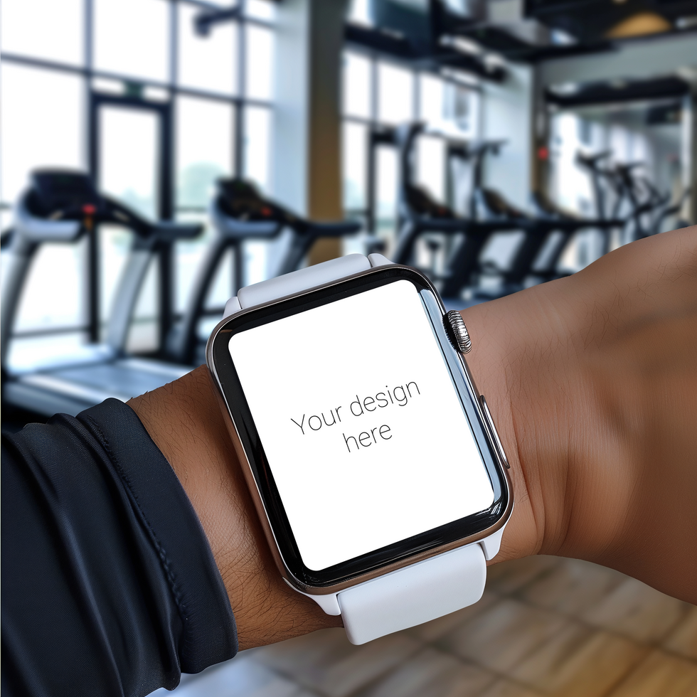 Mockup of smartwatch with white strap on person's hand. Sports equipment on background psd