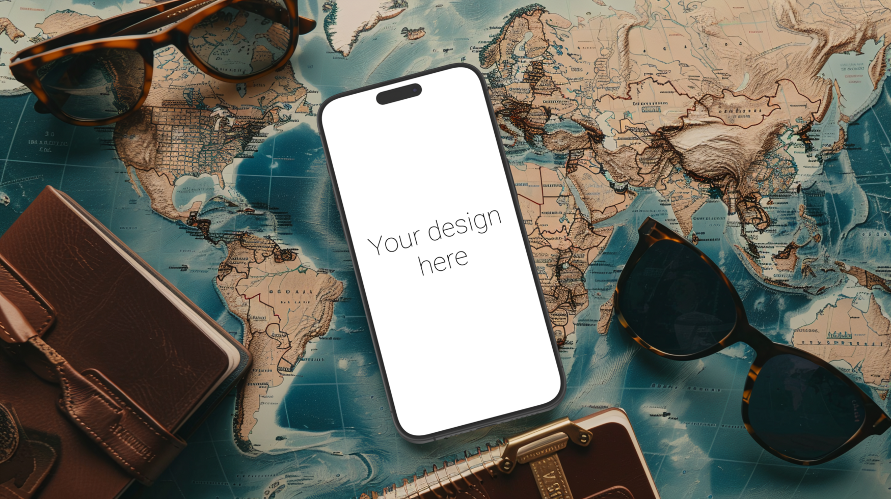 Mockup of black smartphone lying on world map. Glasses and wallet next to it psd