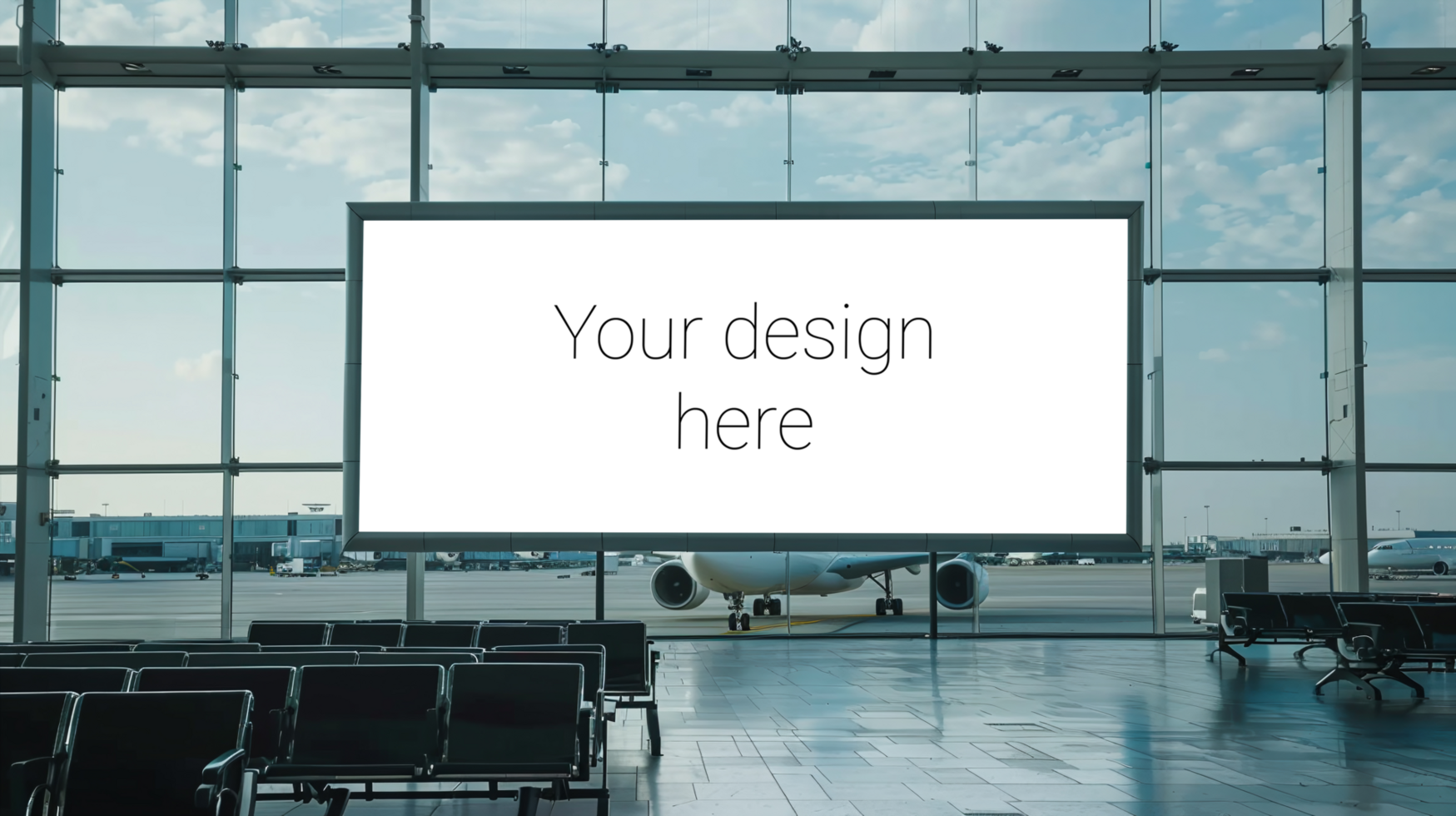 Advertising banner or billboard mockup inside airport lounge. Big windows and planes psd