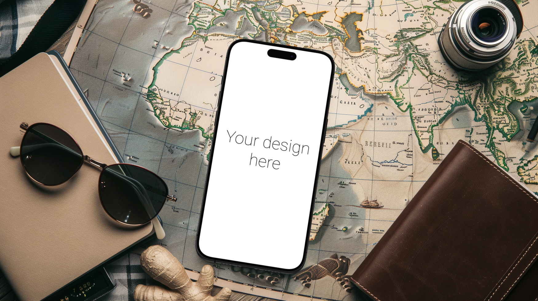 Mockup of black smartphone lying on world map. Glasses and wallet next to it psd