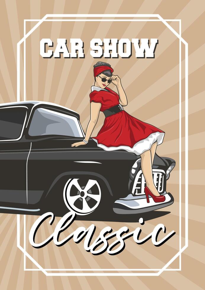 car show and woman classic art vector