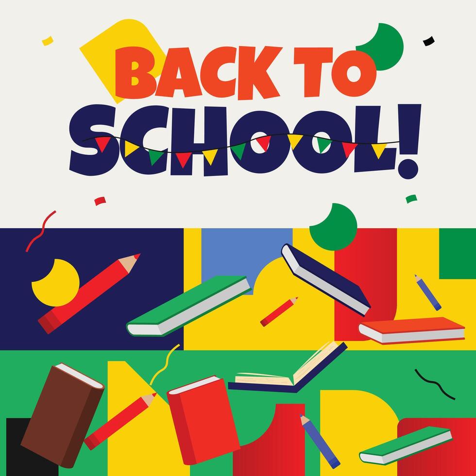 Back to School. Welcome Back to school celebration banner, background, post with colourful text, abstract art elements, shapes, icons of books, pens. vector