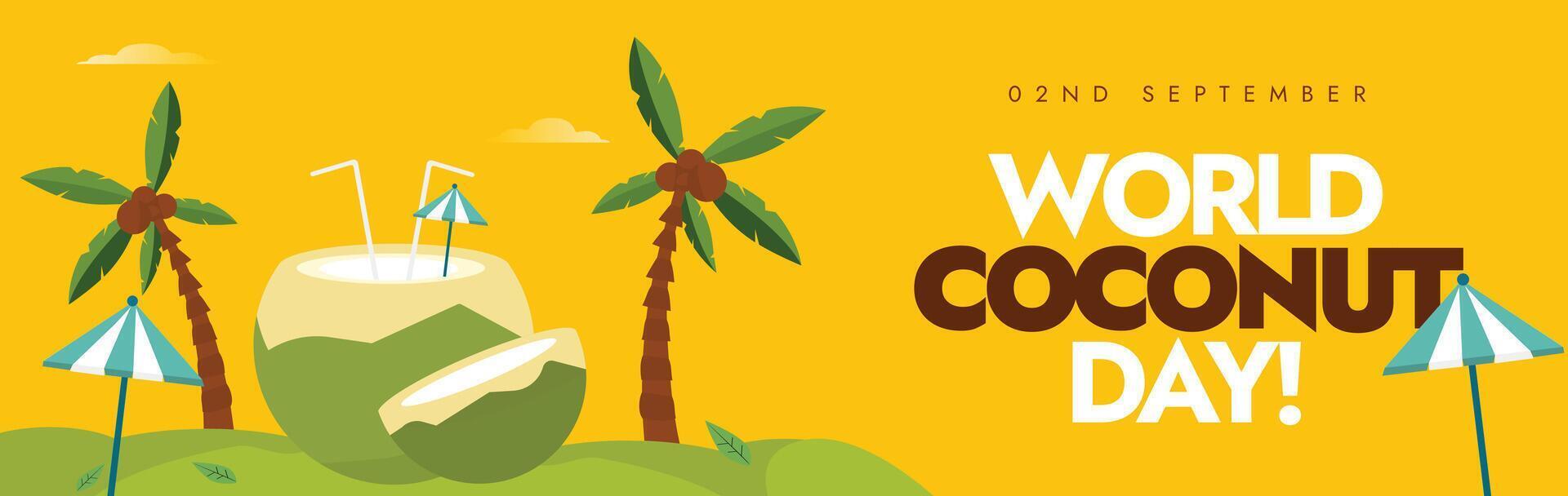 World Coconut day 2nd Sept celebration background, cover banner, social media post. Coconut day banner with green coconuts, its trees, beach umbrellas on yellow background. vector