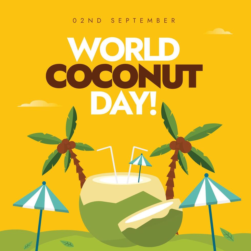 World Coconut day 2nd Sept celebration background, banner, social media post. Coconut day banner with green coconuts, its trees, beach umbrellas on yellow background. vector