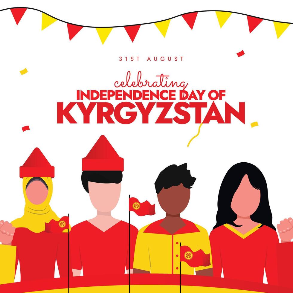 Kyrgyzstan Independence Day. 31st August Independence day of Kyrgyzstan celebration banner with its people holding its flags, yellow and red. The country become independent in 1991 from soviet union. vector
