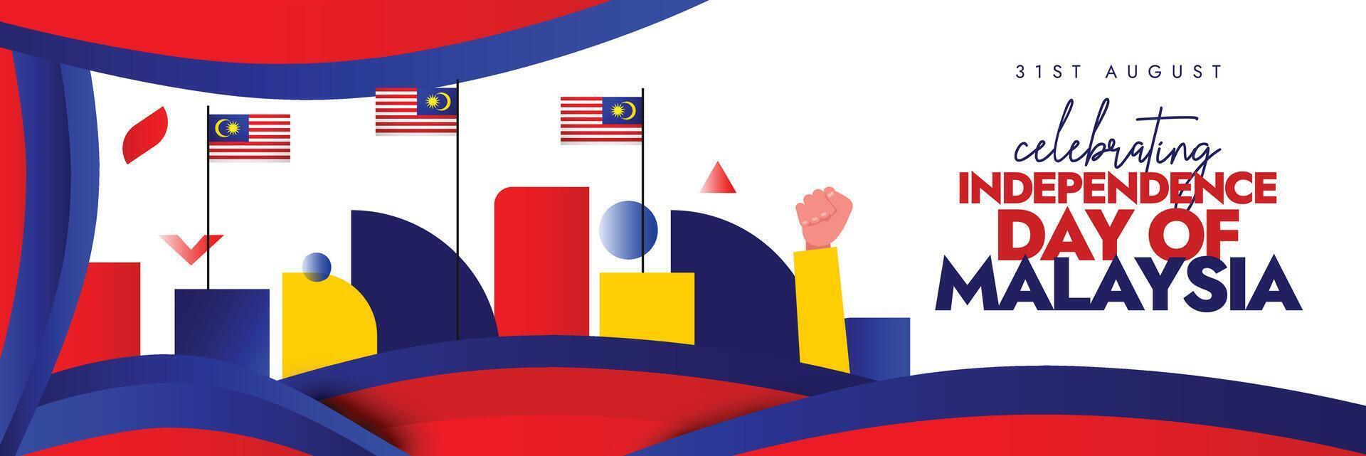 Malaysia Independence Day 31st August. Independence day of Malaysia cover banner with its flags, hand fists in air representing unity. 67 years of the country as it got freedom in 1957 from British. vector
