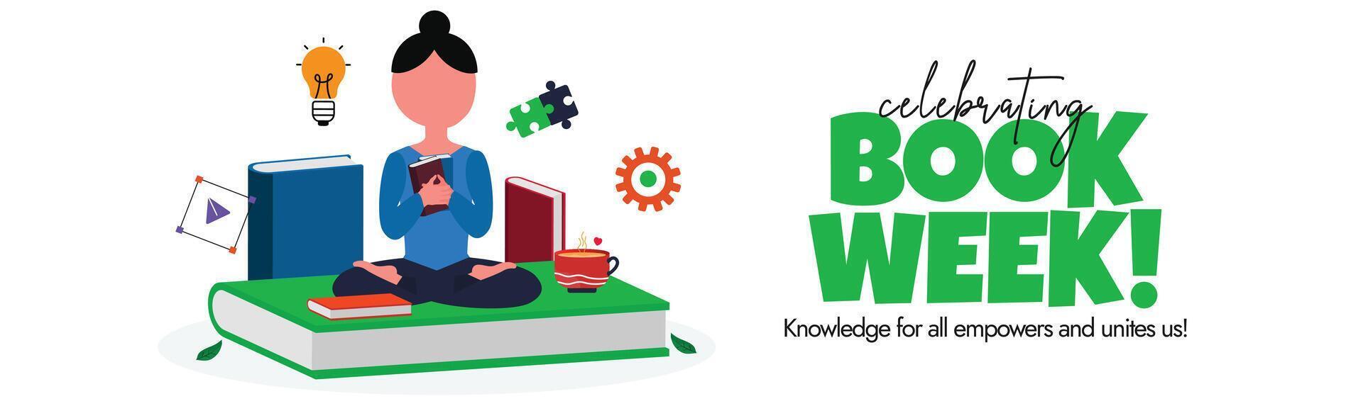 Celebrating Book Week. Book week celebration cover banner, post with a girl, different colour books, tea cup, icons of bulb, gear. The theme for 2024 is Reading is Magic, It promotes reading. vector