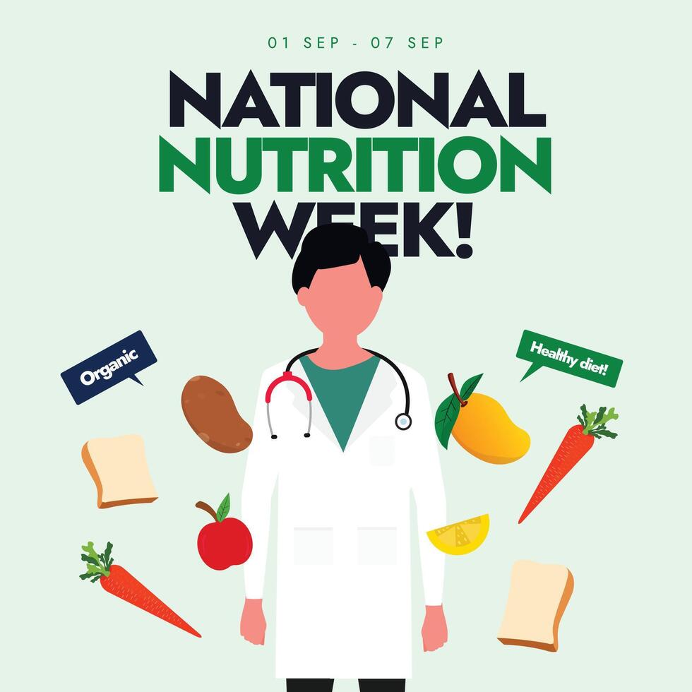 National Nutrition Week. 1 to 7 September Nutritional week celebration banner with a nutritionists wearing stethoscope, icons of food mango, bread, potato, lemon, apple, carrot. Healthy eating idea vector