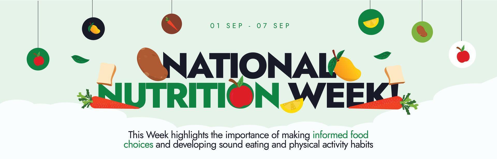 National Nutrition Week banner, background, post. 1 to 7 september Nutritional Week cover banner with stickers, colourful icon of healthy fruits and vegetables. Conceptual banner to eat healthy. vector