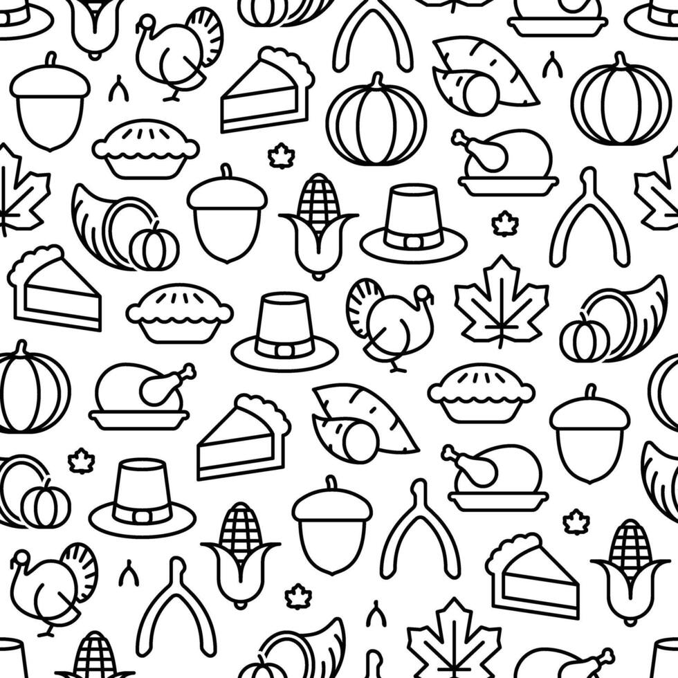 Black and white thanksgiving outline background seamless pattern vector