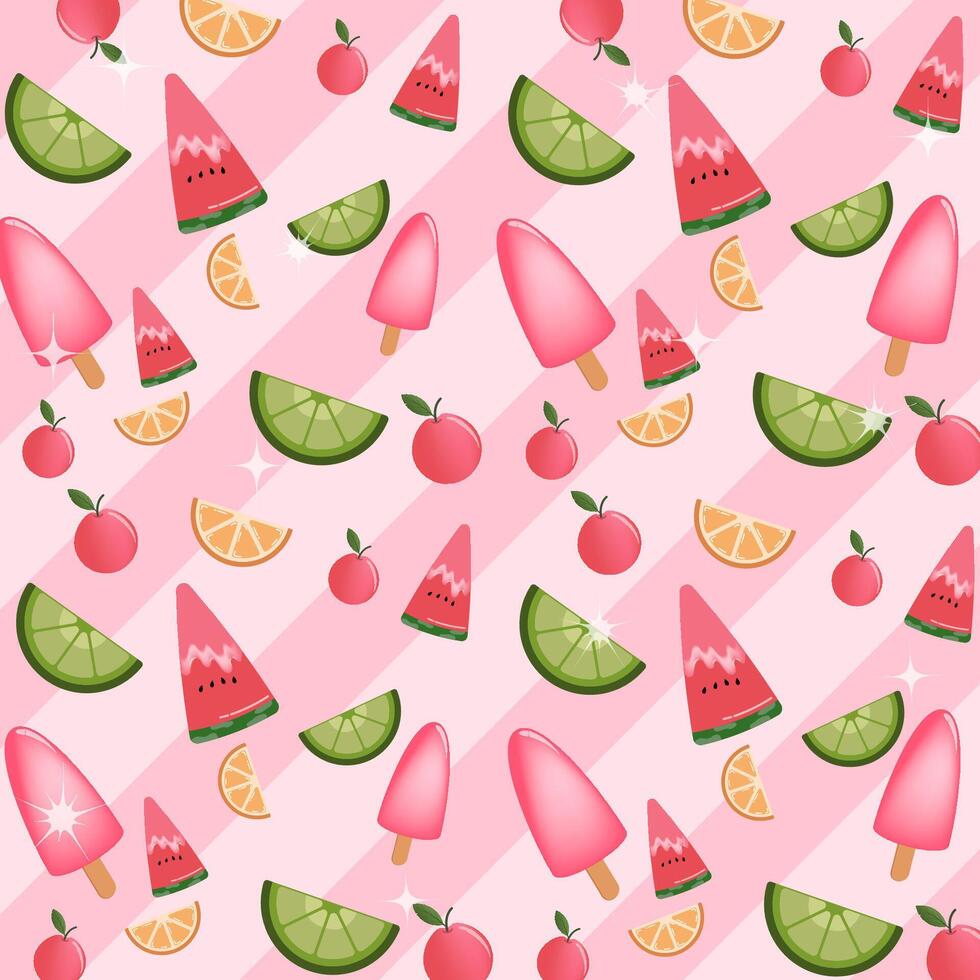 Vibrant Fruit and Ice Cream Pattern on a Bright Pink Background vector