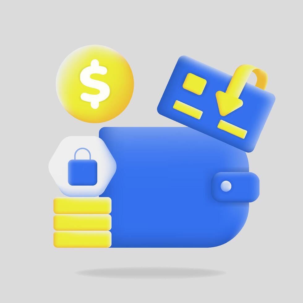 3d blue wallet, coins, a credit card, and a security lock icon. Perfect for financial websites, online banking, and secure payment solutions vector