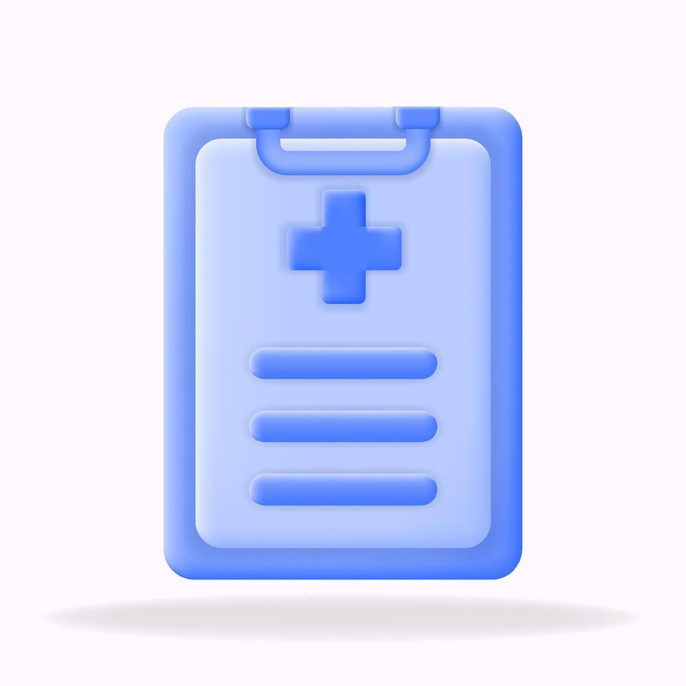 3D icon minimal blue medical clipboard with a cross and lines representing text. Ideal for healthcare, medical records, patient charts, and hospital management vector