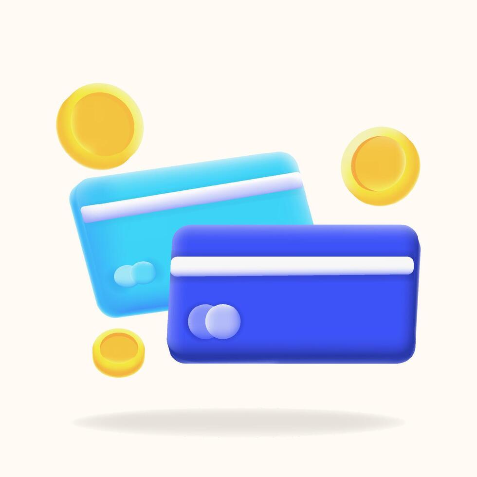 Credit cards and coins icon for digital payments. Ideal for financial apps, e-commerce platforms, and online banking services.3d illustrator vector