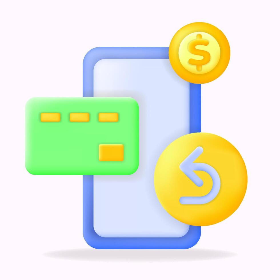 3D minimal illustration of a smartphone with a green credit card and yellow dollar coin. Ideal for representing mobile payments and online transactions vector