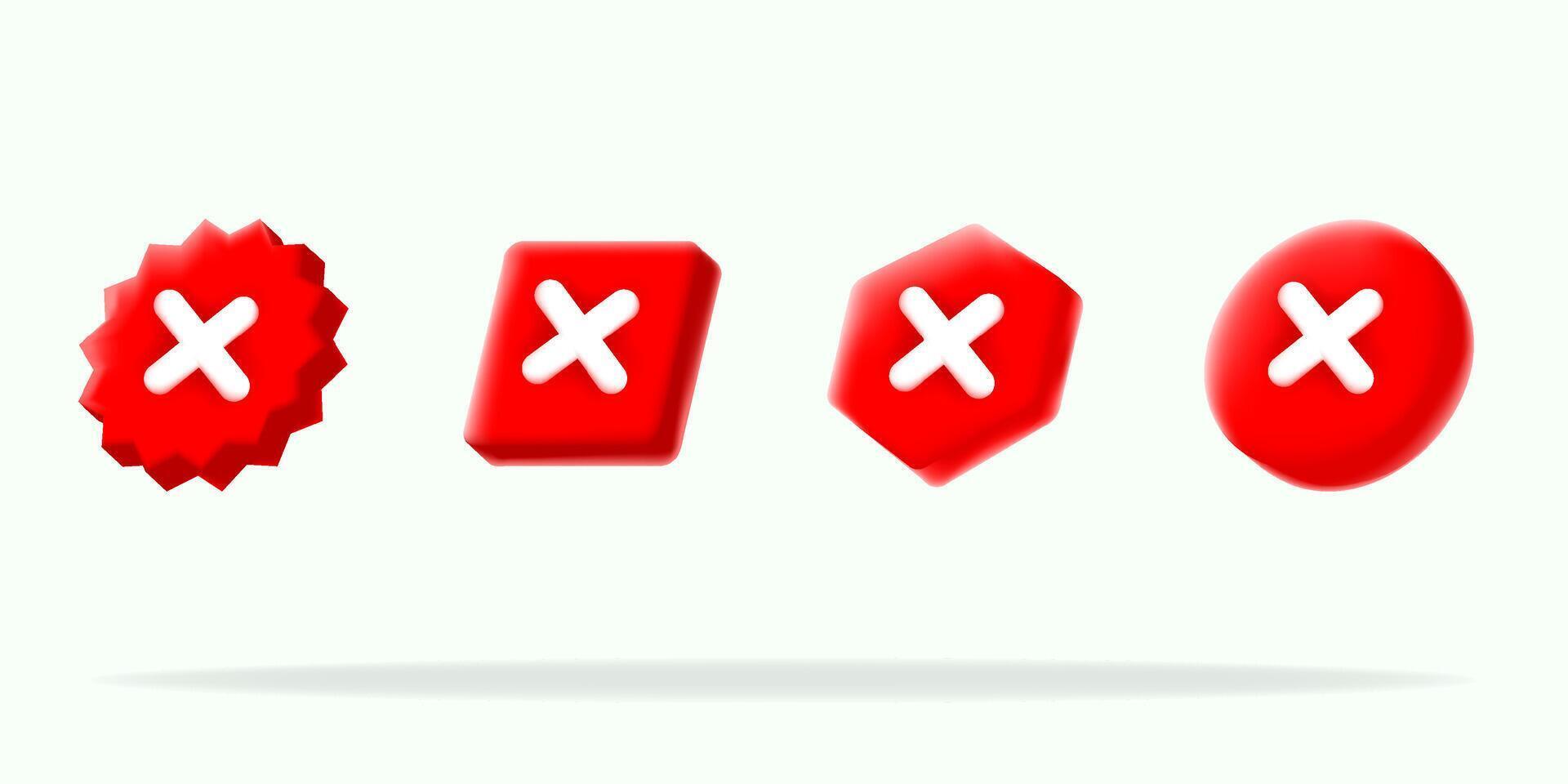 3d illustration, Red X icons in various shapes, perfect for indicating errors, cancellations, or rejections. vector