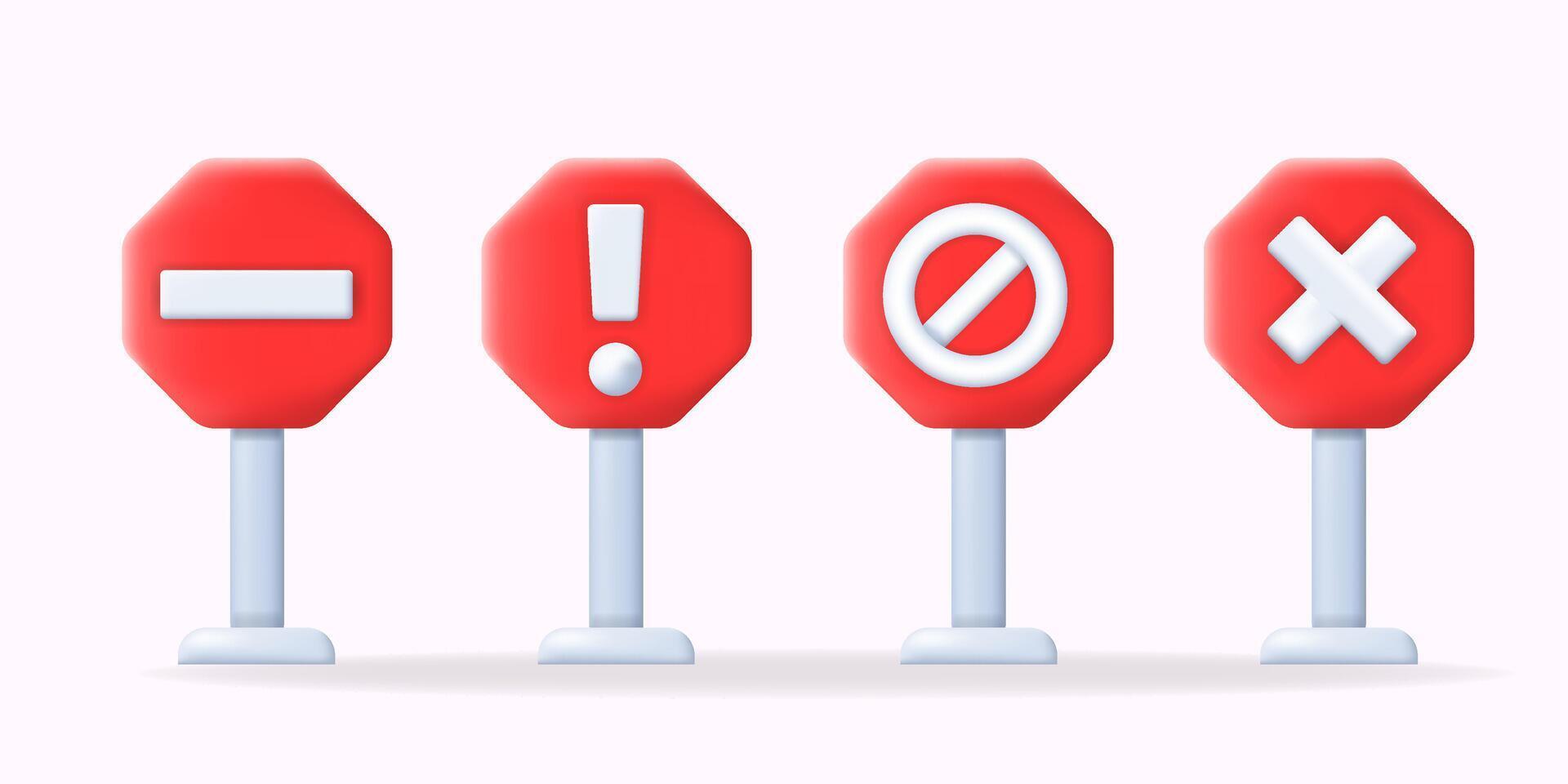 3D illustration red stop signs with different symbols minus, exclamation mark, prohibited, and cross. Ideal for warning icons, error messages, and alert notifications on websites and apps. vector
