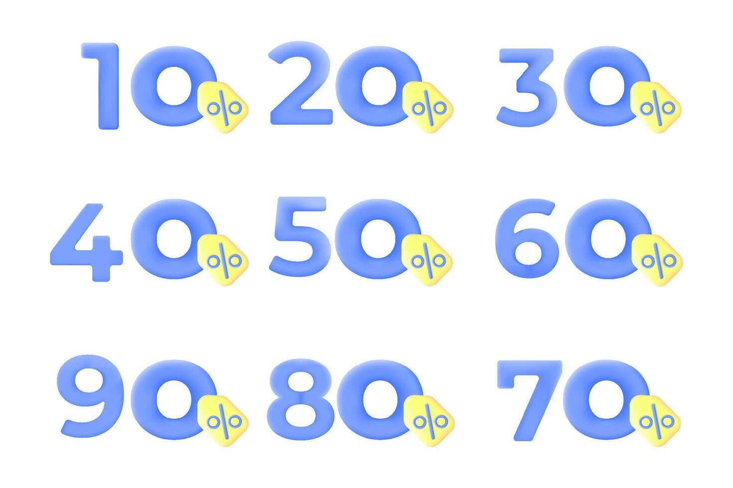 illustration, Discount tag percentage icons 10-90 set. in vibrant blue and yellow. Perfect for highlighting sales, offers, and promotions on websites and marketing materials. vector
