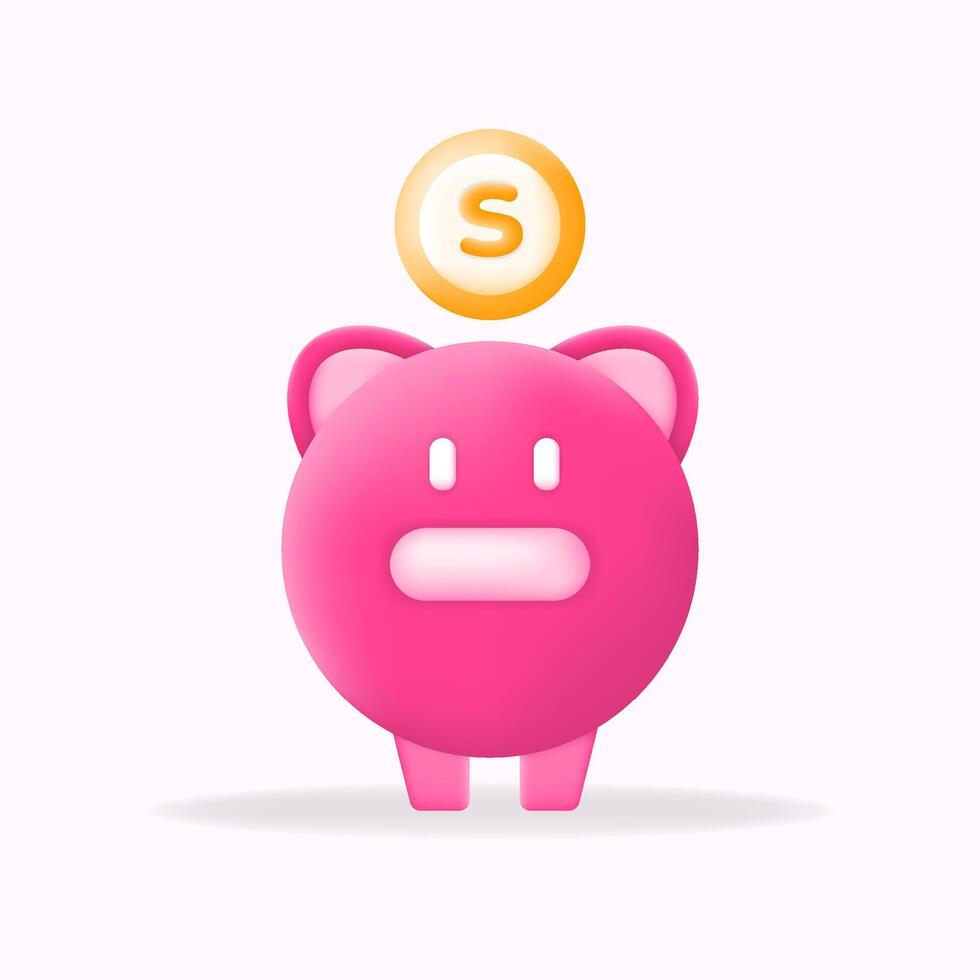 3D icon of a pink piggy bank with a gold coin. Perfect for savings, finance apps, and budgeting tools vector
