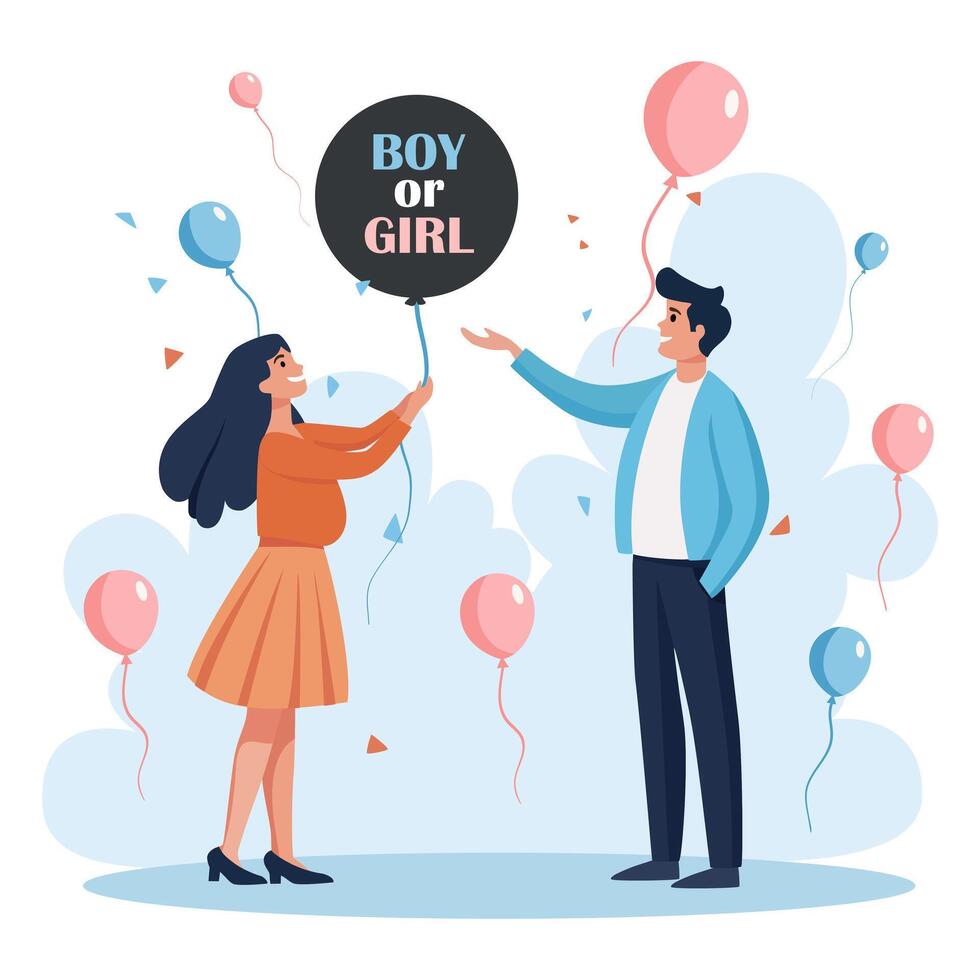 Gender reveal party. The couple holds a balloon with the inscription Boy or girl in their hands. The family dreams of their future child vector