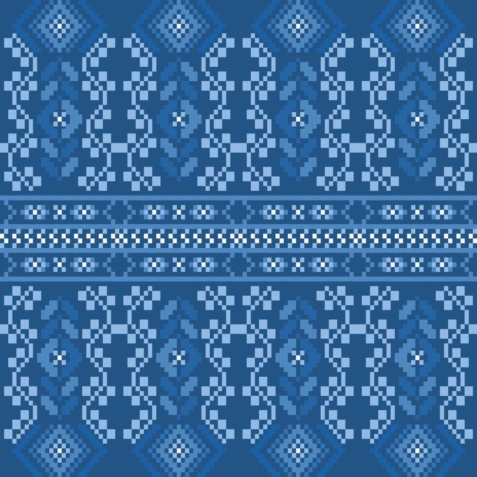 Ethnic geometric fabric pattern Cross Stitch. Pixel pattern blue background. Abstract, , illustration, Texture, clothing, frame, decoration, motifs, silk, wallpaper. vector