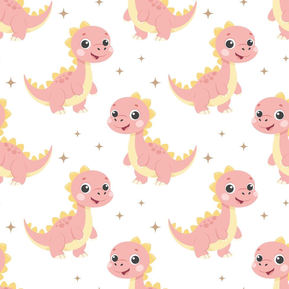 Cute dinosaurs seamless pattern. Background with dinosaurs and tropical leaves. Scandinavian design for baby clothes, shirts, fabrics, textiles. vector