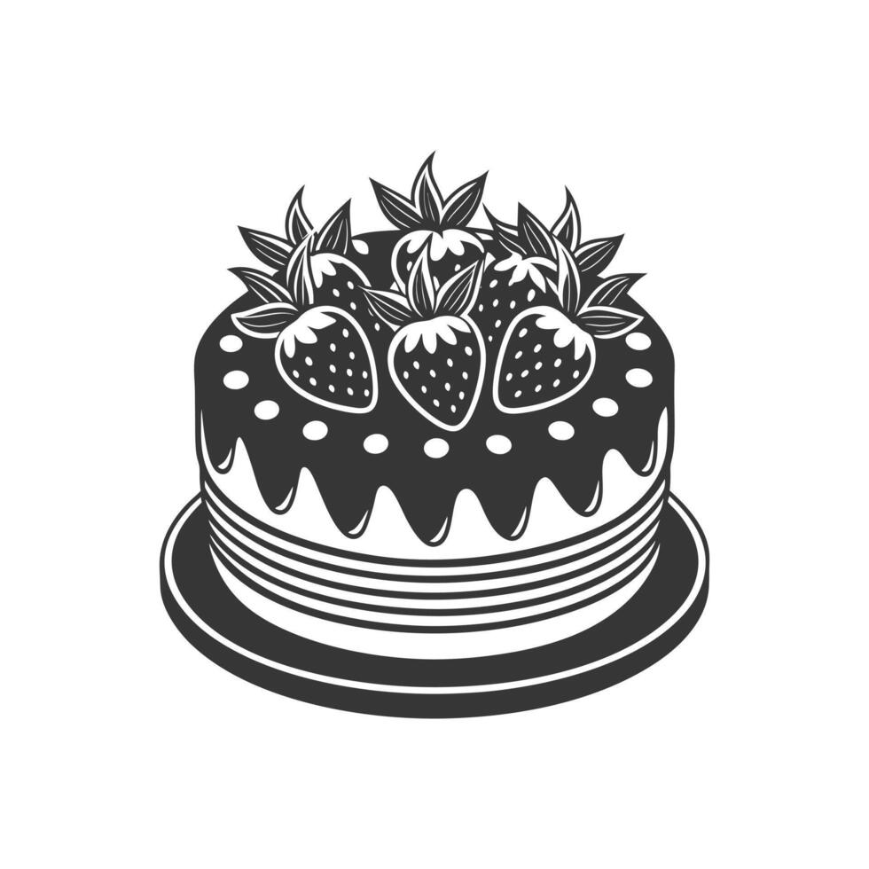 Strawberry cake on white background, engraving, silhouette. Black and white illustration of dessert, pastry, food icon vector