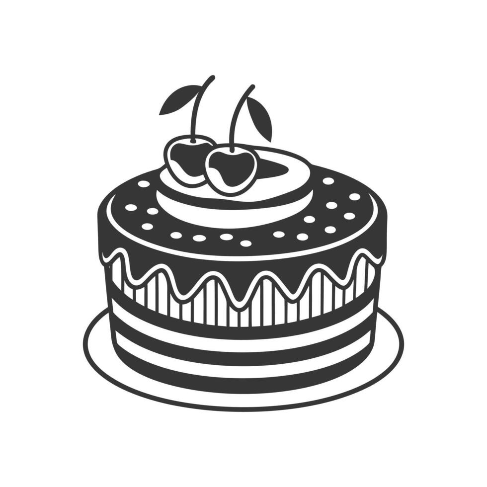 Cherry cake on white background, engraving, silhouette. Black and white illustration of dessert, pastry, food icon vector