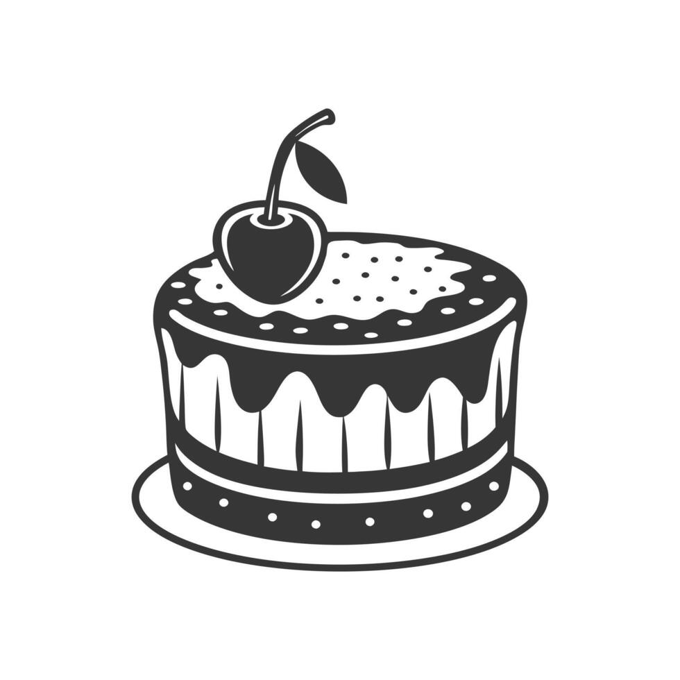 Cherry cake on white background, engraving, silhouette. Black and white illustration of dessert, pastry, food icon vector