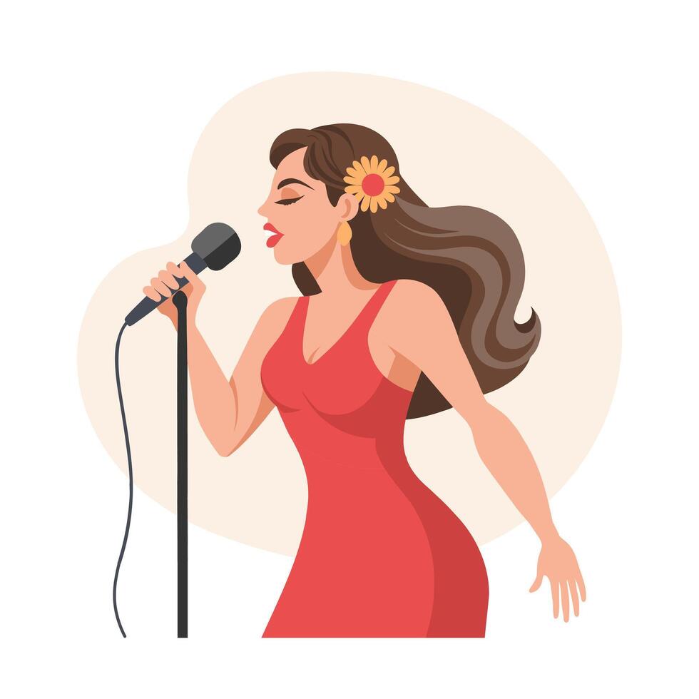 Beautiful young woman with microphone singing. Flat illustration, clip art vector