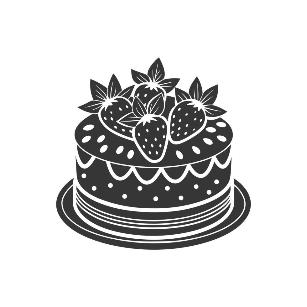 Strawberry cake on white background, engraving, silhouette. Black and white illustration of dessert, pastry, food icon vector