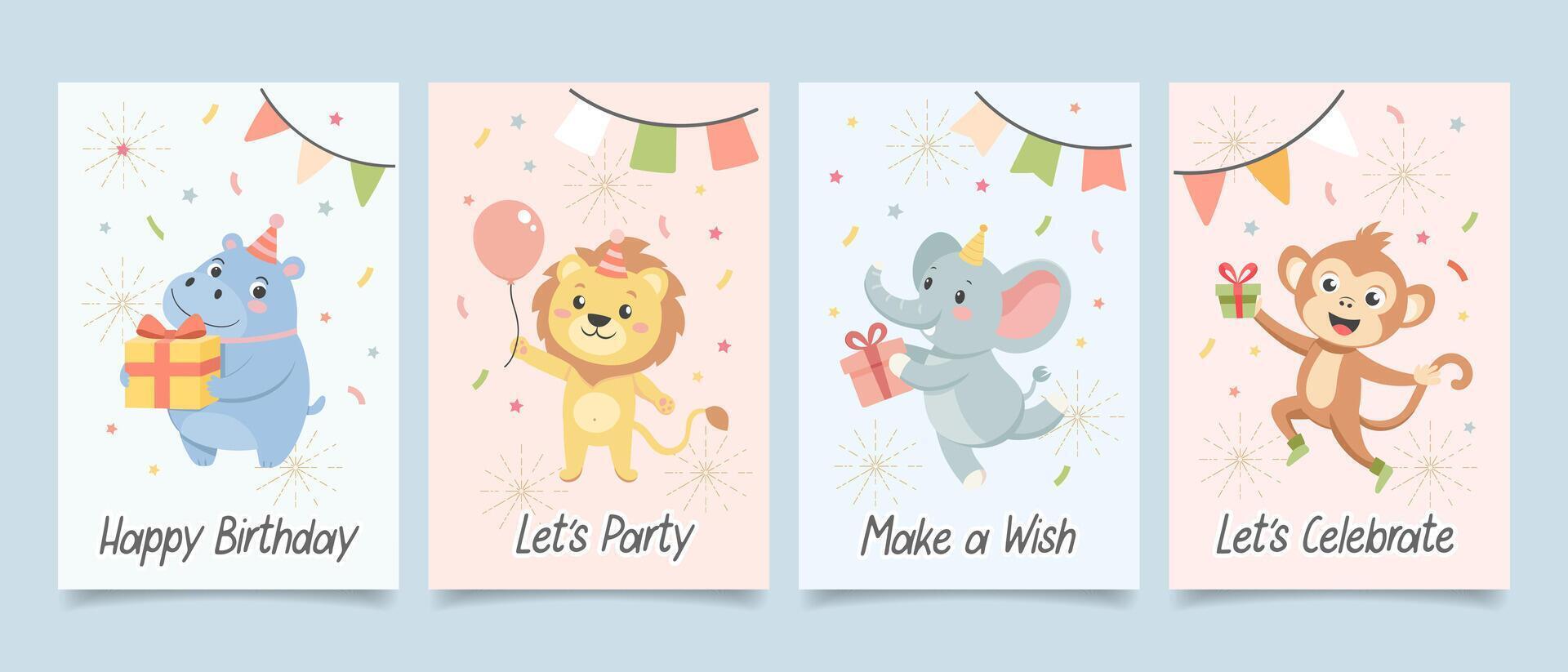 Childrens cute greeting card set. Birthday party animals with gift boxes, cake, party hats and balloons. Illustration, templates, postcards collection vector