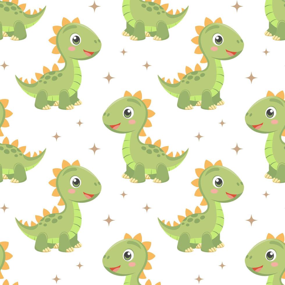 Cute dinosaurs seamless pattern. Background with dinosaurs and tropical leaves. Scandinavian design for baby clothes, shirts, fabrics, textiles. vector