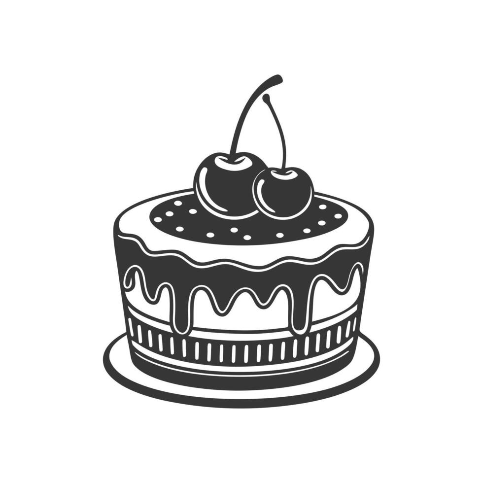Cherry cake on white background, engraving, silhouette. Black and white illustration of dessert, pastry, food icon vector