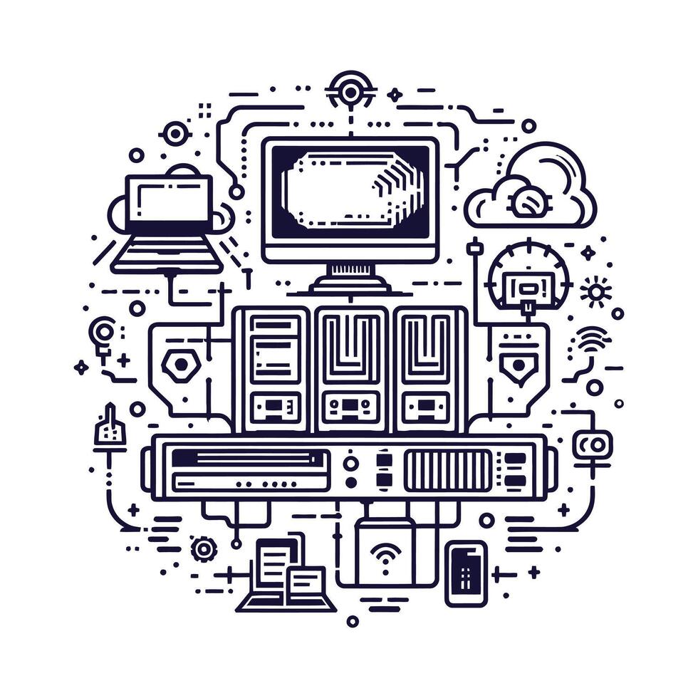 Futuristic Computer Illustration with Tech Elements. Line Art Computer with Tech Accessories vector