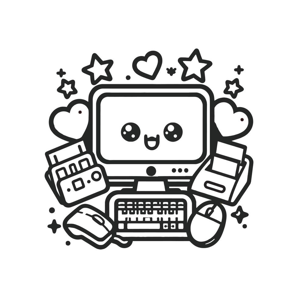 Futuristic Computer Illustration with Tech Elements. Line Art Computer with Tech Accessories vector