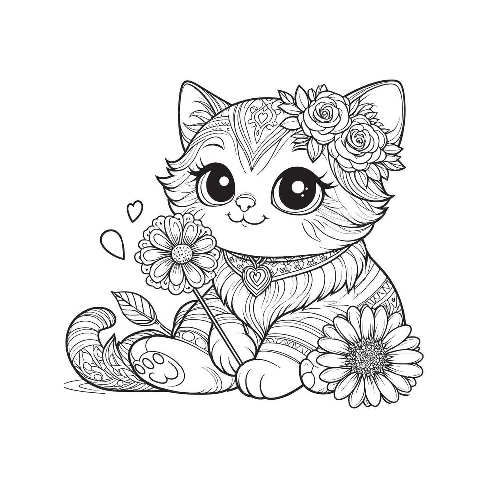 Adorable Kitty Outline for Coloring page. Floral Cat Line Art for Kids vector
