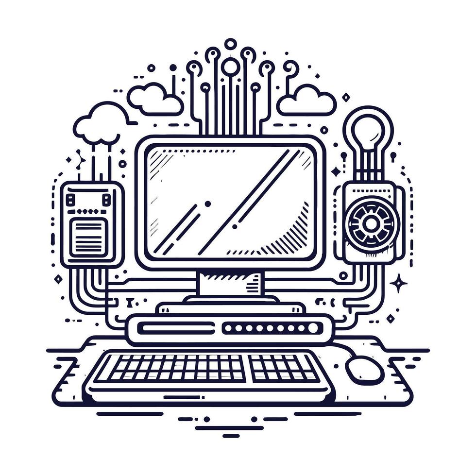 Futuristic Computer Illustration with Tech Elements. Line Art Computer with Tech Accessories vector
