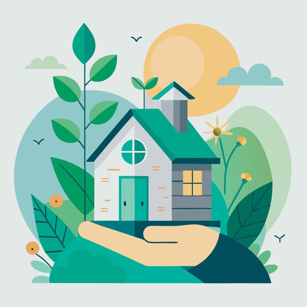 Green Real Estate Solutions Illustration. Sustainable Home in Nature vector