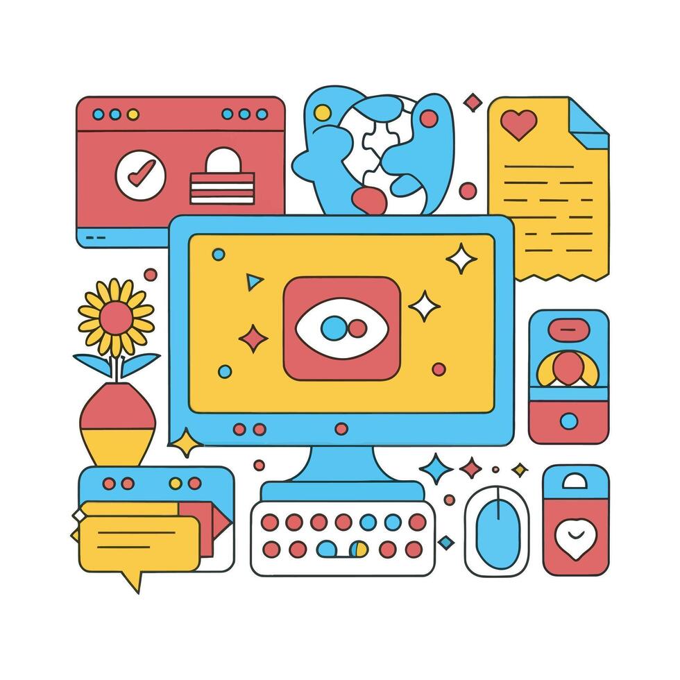 Futuristic Computer Illustration with Tech Elements. Line Art Computer with Tech Accessories vector