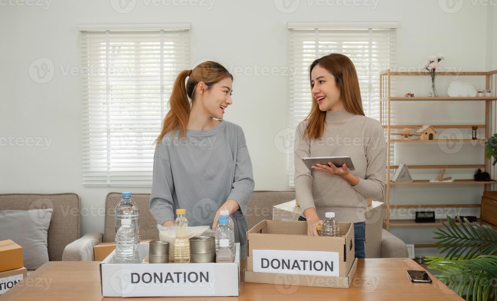 LGBT Lesbian Couple Preparing Items for Donation at Home, Smiling and Organizing Boxes with Food and Clothing photo